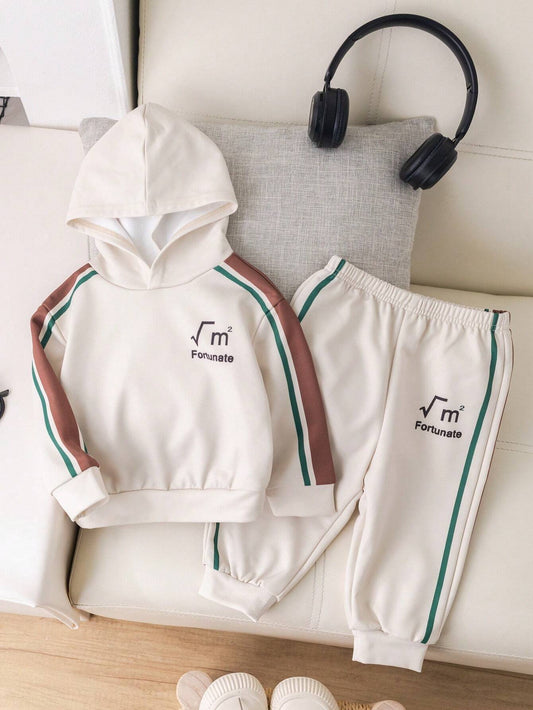 Baby Boy Cute Color-Block Letter Printed Hooded Sweatshirt And Elastic Waist Long Pants Set