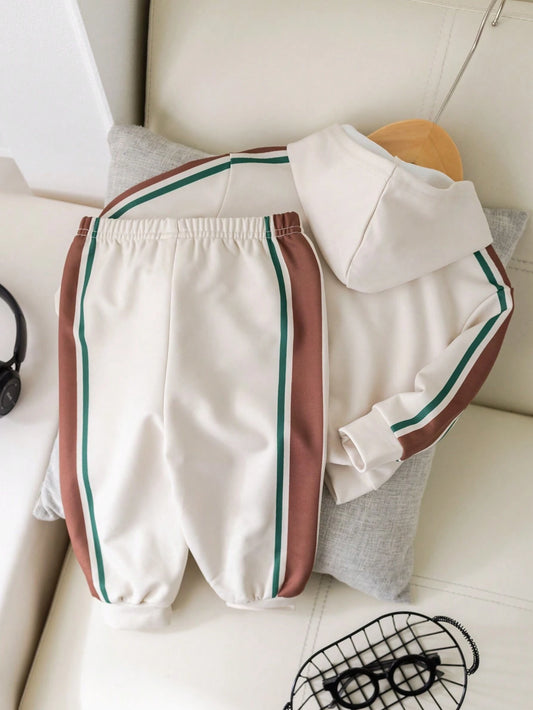 Baby Boy Cute Color-Block Letter Printed Hooded Sweatshirt And Elastic Waist Long Pants Set