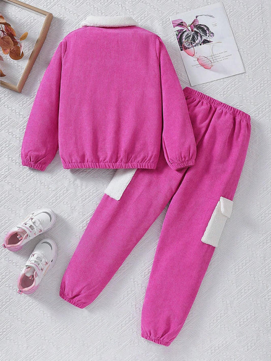 Tween Girl Color Block Corduroy Fleece Long Sleeve Top And Pocketed Pants Set