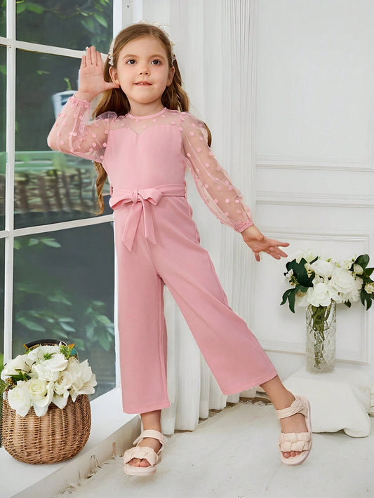 Young Girl Round Neck Long Sleeve Knitted Jumpsuit With Flocked Polka Dots Tulle Splicing