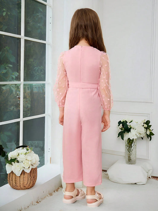 Young Girl Round Neck Long Sleeve Knitted Jumpsuit With Flocked Polka Dots Tulle Splicing