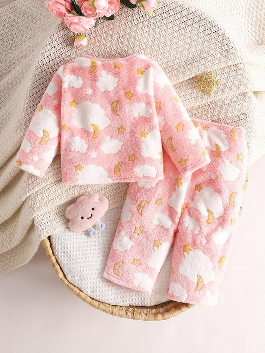 Baby Girl Cute Pink Plush Cloud & Moon Patterned Long Sleeve Top And Pants Homewear Pajama Set