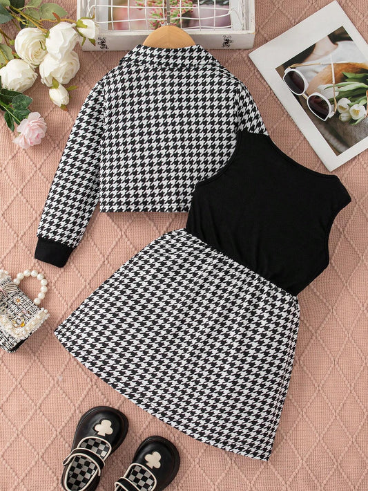 2pcs Girls' Daily Casual Houndstooth Pattern Buttoned Cardigan And Round Neck Sleeveless Knee-Length Dress Set, Spring Autumn