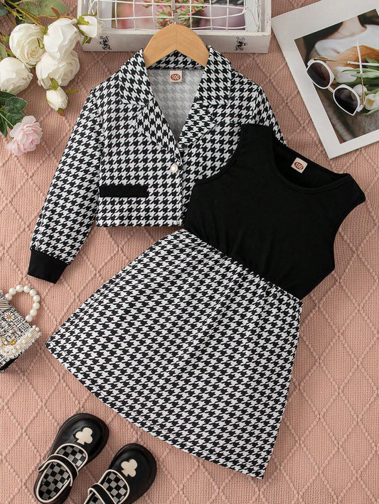 2pcs Girls' Daily Casual Houndstooth Pattern Buttoned Cardigan And Round Neck Sleeveless Knee-Length Dress Set, Spring Autumn