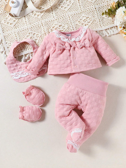 Baby Girl Pink Solid Color Long Sleeve Cardigan With Lace Trim, Bow, Textured Fabric And Coordinated Bib & Hand Mittens, Loungewear Set