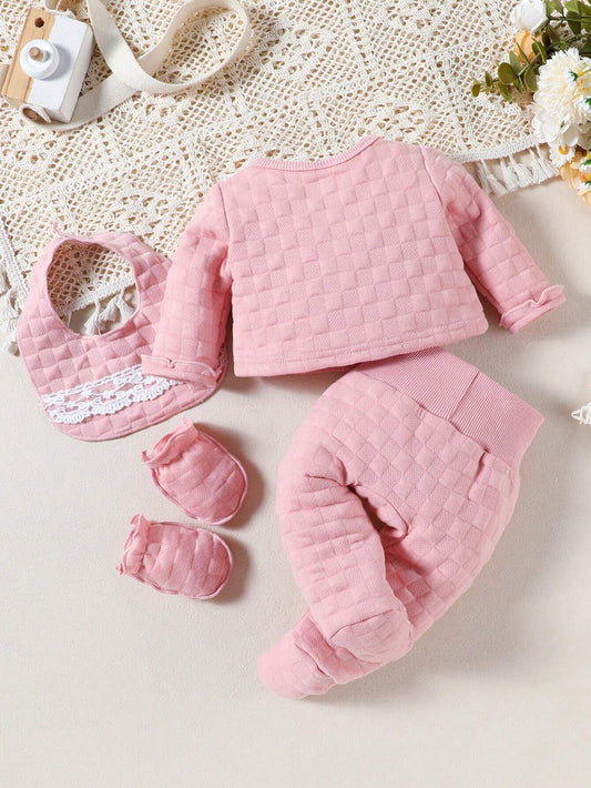 Baby Girl Pink Solid Color Long Sleeve Cardigan With Lace Trim, Bow, Textured Fabric And Coordinated Bib & Hand Mittens, Loungewear Set