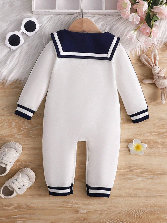 Infant Toddler Girls' College-Style Jumpsuit With Large Bow And Embroidery