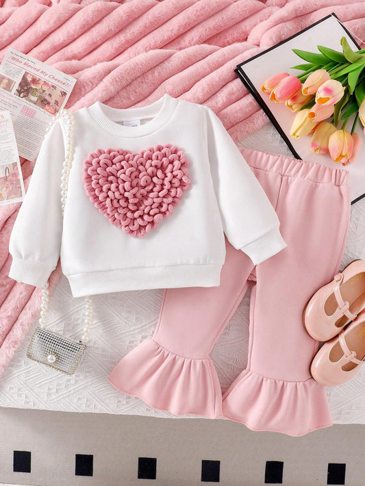 Baby Girl 3D Heart Embroidery Long Sleeve Sweatshirt And Flare Pants With Ruffled Hem Set