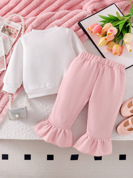 Baby Girl 3D Heart Embroidery Long Sleeve Sweatshirt And Flare Pants With Ruffled Hem Set