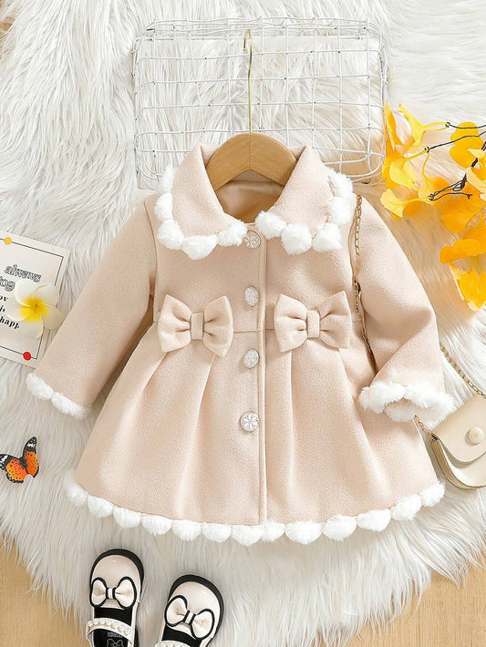 Baby Girls' Woolen Coat With Fur Collar And 3D Bowknot