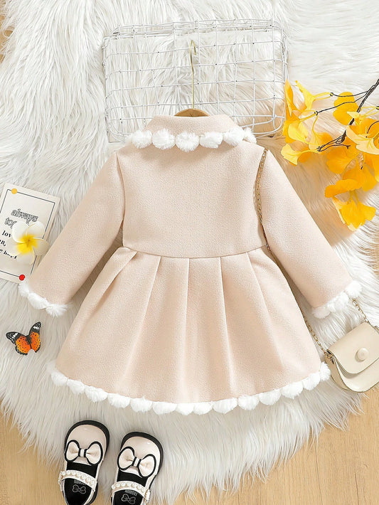 Baby Girls' Woolen Coat With Fur Collar And 3D Bowknot