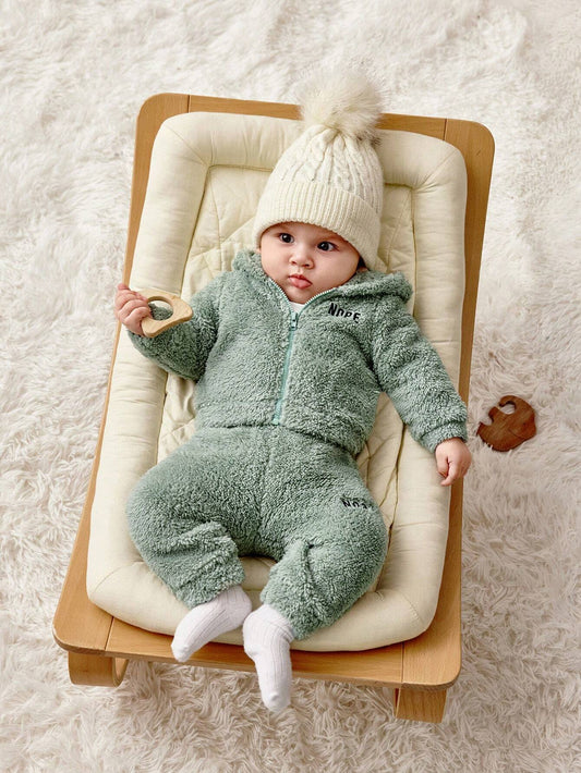 Newborn Baby Boy Cute Fuzzy Embroidered Letter Pattern Hooded Jacket And Pants Set