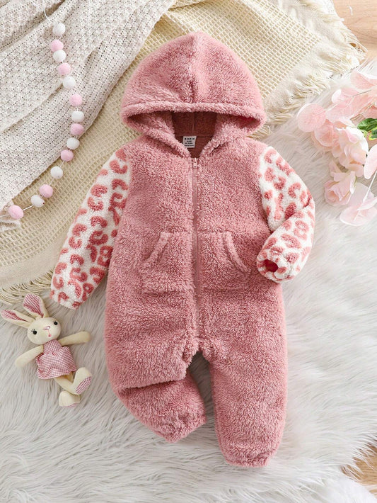 Newborn Baby Girl Cute Leopard Splice Furry Hooded Jumpsuit