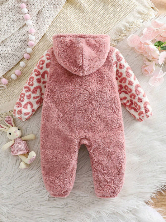 Newborn Baby Girl Cute Leopard Splice Furry Hooded Jumpsuit