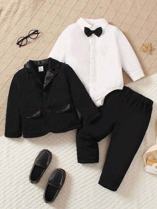 3pcs/Set Baby Boys' Formal Outfit, Including Long Sleeve Lapel Pocket Blazer Jacket, Long Sleeve Shirt, And Loose Comfortable Pants