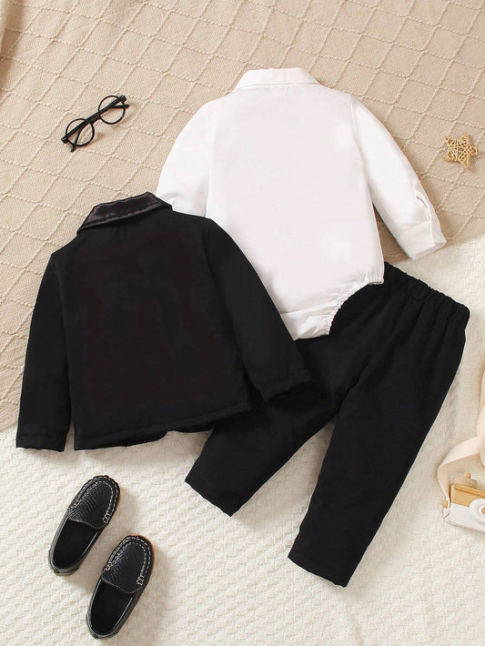 3pcs/Set Baby Boys' Formal Outfit, Including Long Sleeve Lapel Pocket Blazer Jacket, Long Sleeve Shirt, And Loose Comfortable Pants