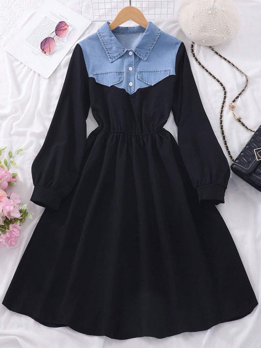 Teen Girls Long Sleeve Patchwork Denim Casual Dress