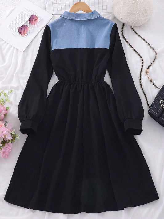 Teen Girls Long Sleeve Patchwork Denim Casual Dress