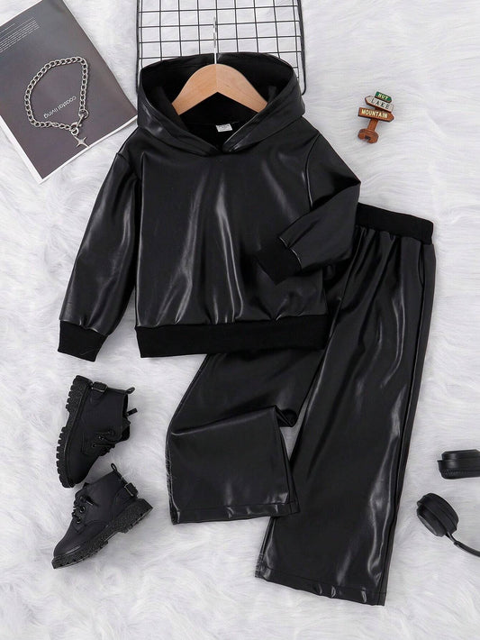 2pcs Girls' Casual Hooded Faux Leather Jacket And Loose Straight Pants Set