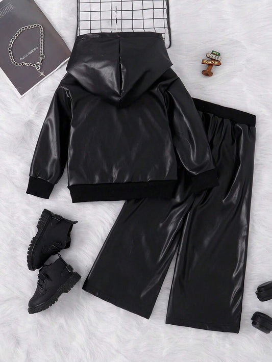 2pcs Girls' Casual Hooded Faux Leather Jacket And Loose Straight Pants Set