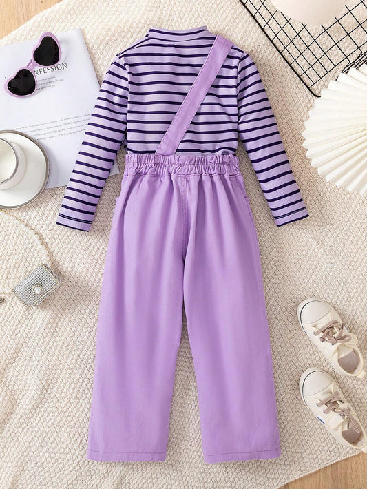 2pcs/Set Girls Casual Knitted Striped Turtleneck Sweater With Suspender Print Pants Outfit