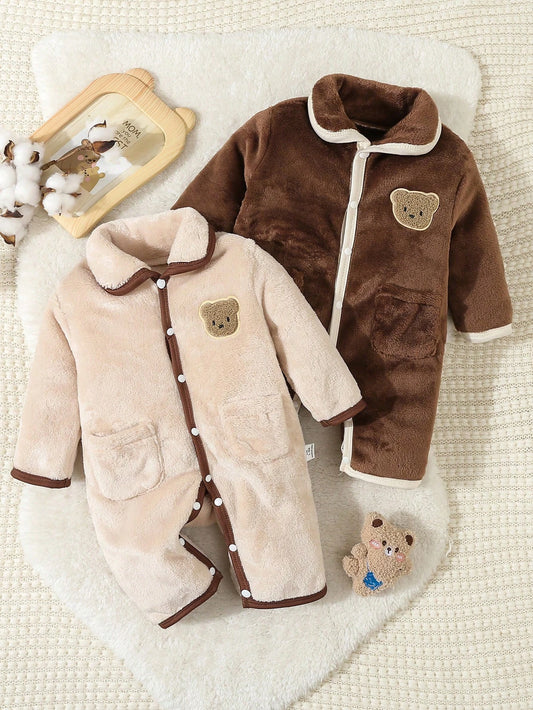 2pcs Set Baby Boy Plush Bear Applique Long Sleeve Romper Pajamas