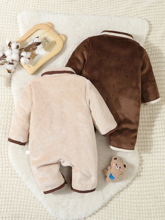 2pcs Set Baby Boy Plush Bear Applique Long Sleeve Romper Pajamas