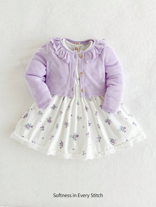 Cozy Cub 2pcs Baby Girl Ditsy Floral Round Neck Ruffle Waist Dress & Long Sleeve Cardigan Set, Purple