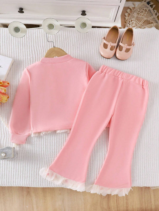 2pcs Young Girl Cute Ruffle Trim Long Sleeve Top And Bell Bottom Pants Outfit