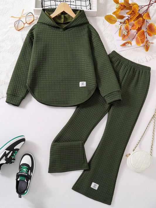 Tween Girl Jacquard Knit Hoodie & Bell Bottom Pants Set, Convenient Hem & Sleeve Design