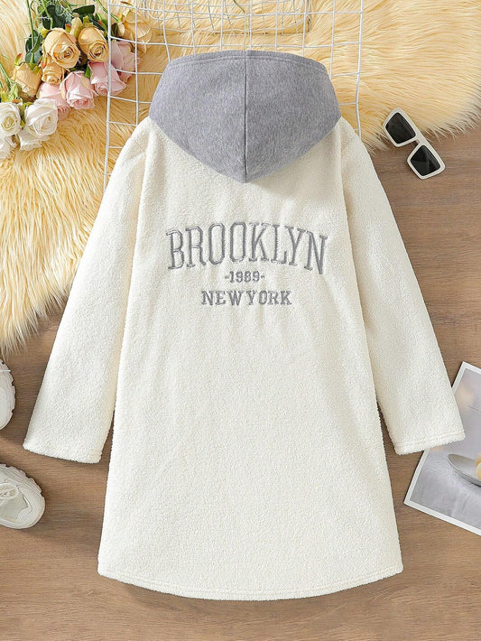 Teenage Girls Furry Patchwork Gray Hooded Warm Jacket