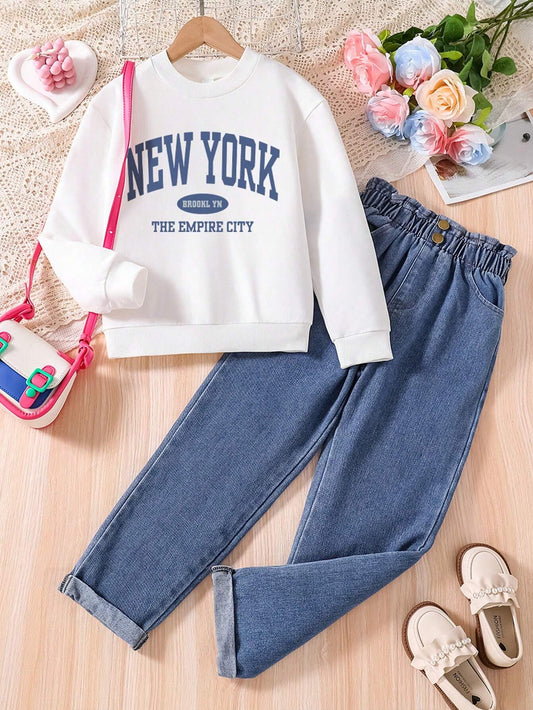 Toddler Letter Print Warm Crew Neck Sweatshirt And Denim Jeans Set