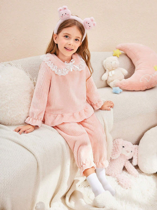 Girl's Cute Collar Ruffle Bow Decor Long Sleeve Top And Pants Set