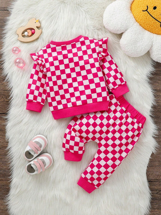 2pcs Baby Girl Casual Plaid Print Crew Neck Sweatshirt And Pants Set