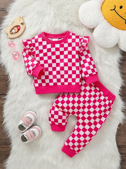 2pcs Baby Girl Casual Plaid Print Crew Neck Sweatshirt And Pants Set