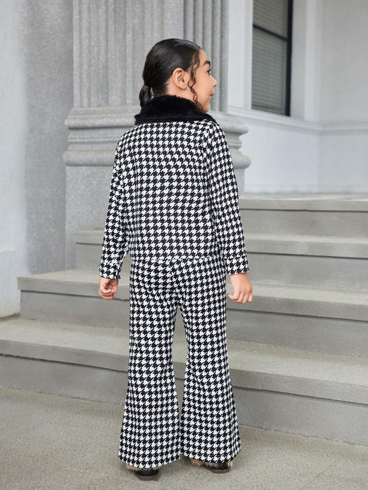 Streecool Kids Toddler Girls Elegant Chic Turndown Collar Houndstooth Fuzzy Jacket + Houndstooth Flare Pants