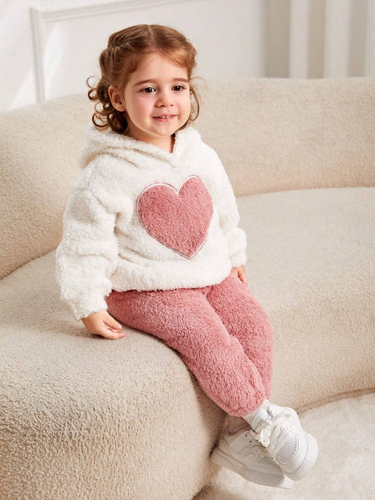 2pcs/Set Baby Girls' Warm Heart Fleece Hooded Sweatshirt And Pants Outfit