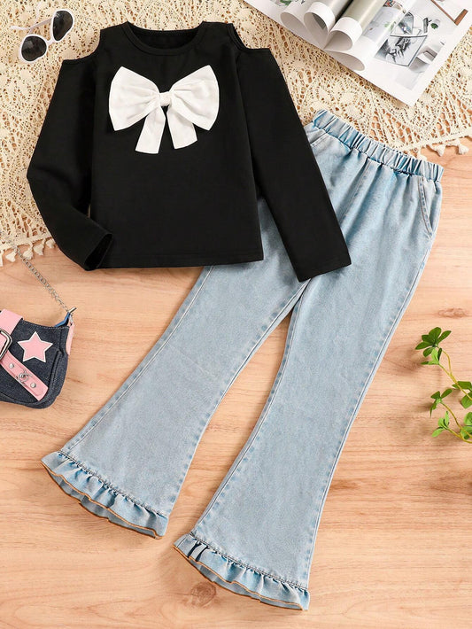 Girls Bow Design Long Sleeve Denim Pants Set