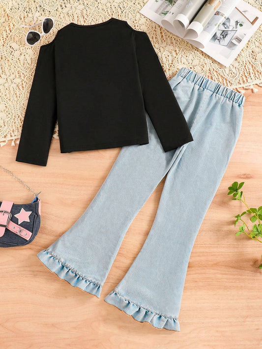 Girls Bow Design Long Sleeve Denim Pants Set