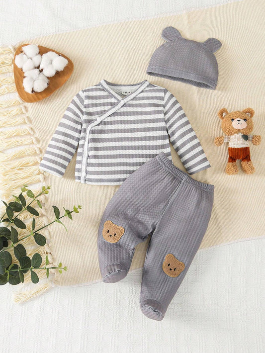 3pcs/Set Newborn Baby Boys' Green Striped Long Sleeve Top, Bottoms With Footie And Embroidered Bear Applique Hat Outfit