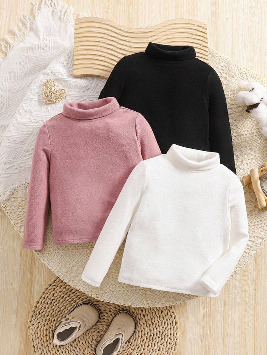 3pcs/Set Babygirl Autumn/Winter Knitted Elastic Solid Color Long Sleeve Mock Neck Base Layer Tops