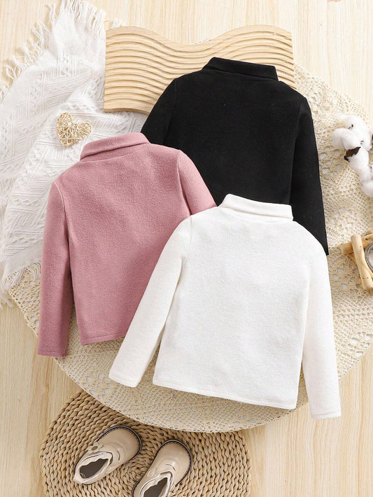 3pcs/Set Babygirl Autumn/Winter Knitted Elastic Solid Color Long Sleeve Mock Neck Base Layer Tops