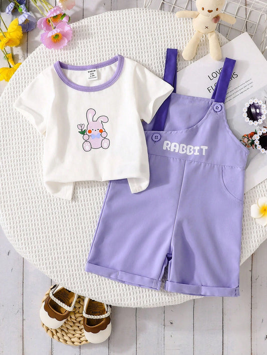 2pcs/Set Baby Girls Cute Rabbit Print Short Sleeve T-Shirt And Bib Shorts Set