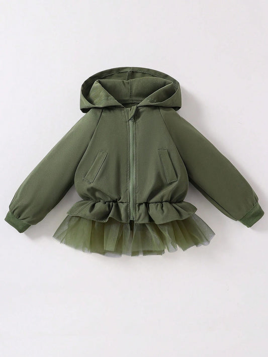 1pc Girls'' Military Green Mesh Patchwork Jacket