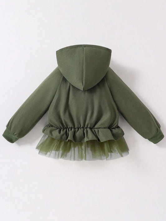 1pc Girls'' Military Green Mesh Patchwork Jacket