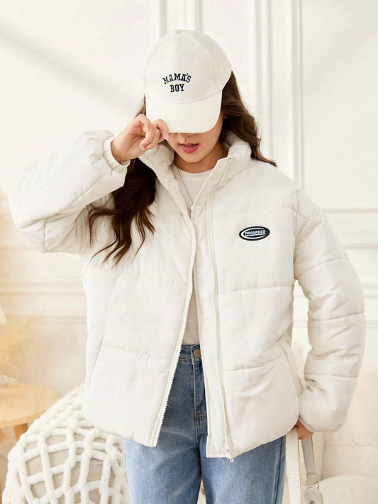 Teen Girls' Woven Solid Collarstand Pocket Loose Casual Padded Coat