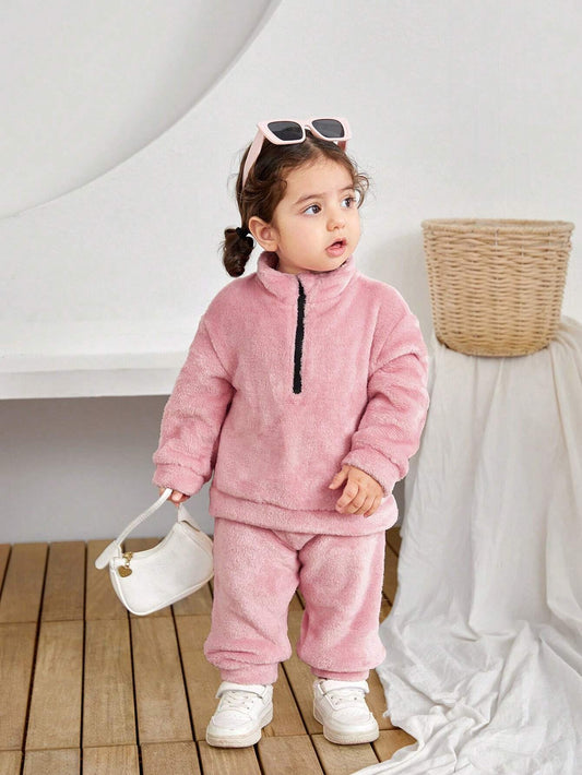 2pcs/Set Baby Girls Cute Fluffy Stand Collar Top And Elastic Waist Pants Set