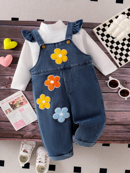 Vintaside Kids Baby Girls' Long Sleeve White Top + Denim Overall Set