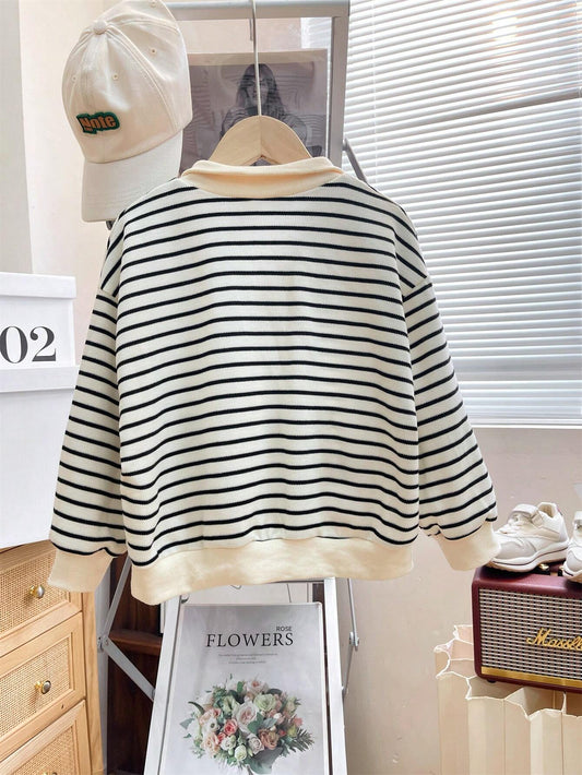 1pc Casual Charming Everyday Comfortable Knitted Turtleneck Half-Zip Striped Long Sleeve Sweatshirt