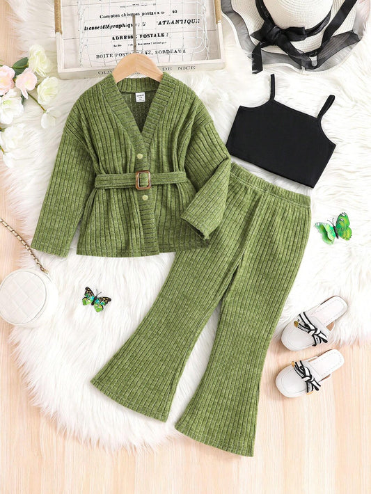 Toddler Girls' Casual Green Christmas Fuzzy Ribbed Jacket With Belt, Black Knit Vest And Matching Green Flared Pants